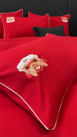 91家纺网 家纺一手货源 找家纺 宅家居 2024新款磨毛亲肤棉婚庆刺绣花四件套 齐乐龙龍