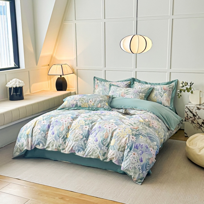 91家纺网 家纺一手货源 找家纺 棉生活 2024新款铂金棉高支数码印花四件套 林溪清婉