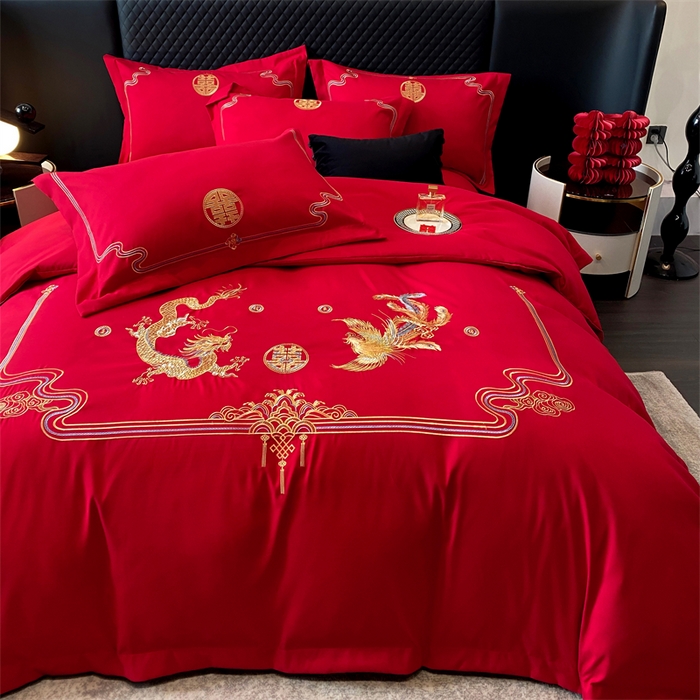 91家纺网 家纺一手货源 找家纺 宅家居 2024新款磨毛亲肤棉婚庆刺绣花四件套 幸福龙凤