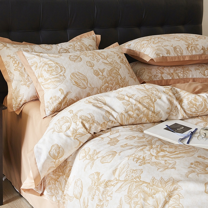 91家纺网 家纺一手货源 找家纺 千朵森 2024新款A类全棉拼角印花四件套（风格一） 琥珀