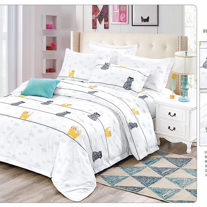 91家纺网 家纺一手货源 找家纺 宜眠家纺 40支60支全棉贡缎印花四件套纯棉四件套酒店四件套 猫咪假日