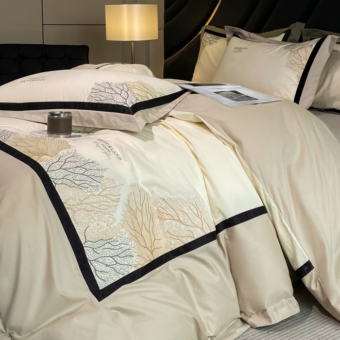 91家纺网 家纺一手货源 找家纺 绒世界 绒世界 2025新款全棉60S刺绣床单床笠高档四件套 浅栗咖