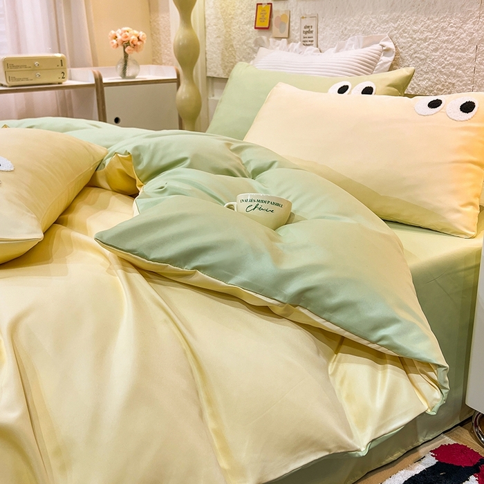 91家纺网 家纺一手货源 找家纺 艾米家居 2025新款水洗真丝大眼睛系列四件套 黄+绿