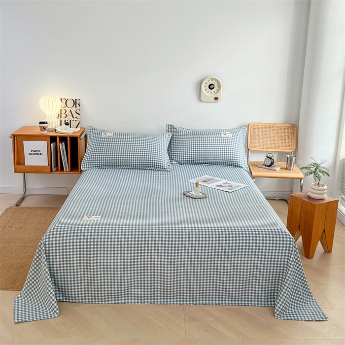 91家纺网 家纺一手货源 找家纺 梦舒羽 2025新款水洗棉麻单层床单 小格-蓝