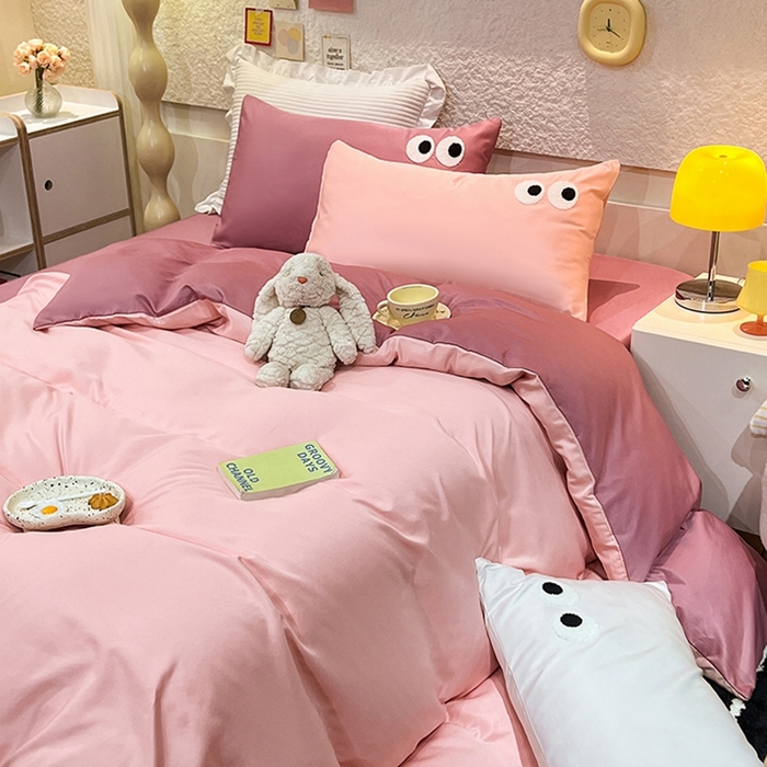 91家纺网 家纺一手货源 找家纺 艾米家居 2025新款水洗真丝大眼睛系列四件套 豆沙+玫红