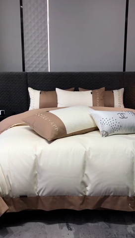 91家纺网 家纺一手货源 找家纺 凯磊 2024新款简约家居.刺绣纯色拼色四件套--伊可系列（拍法一） 峰白+木咖