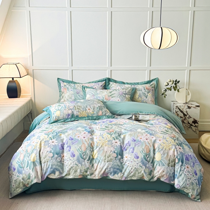 91家纺网 家纺一手货源 找家纺 棉生活 2024新款铂金棉高支数码印花四件套 林溪清婉