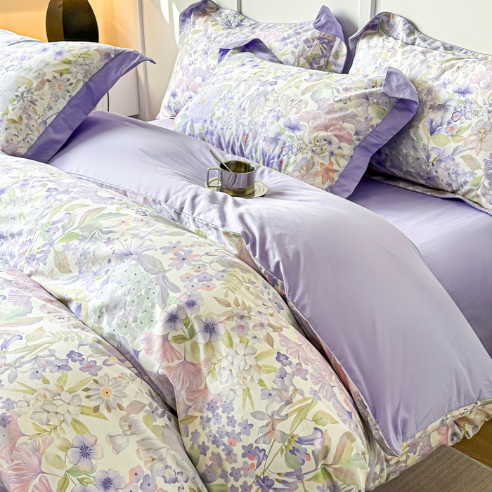 91家纺网 家纺一手货源 找家纺 棉生活 2024新款铂金棉高支数码印花四件套 盛夏光景　紫