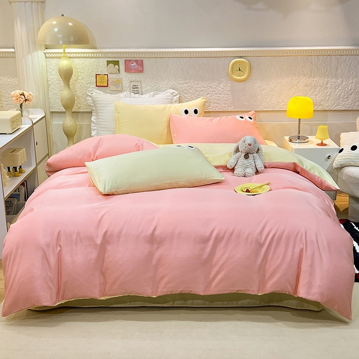 91家纺网 家纺一手货源 找家纺 艾米家居 2025新款水洗真丝大眼睛系列四件套 玉色+黄