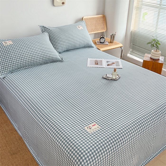 91家纺网 家纺一手货源 找家纺 梦舒羽 2025新款水洗棉麻单层床单 小格-蓝
