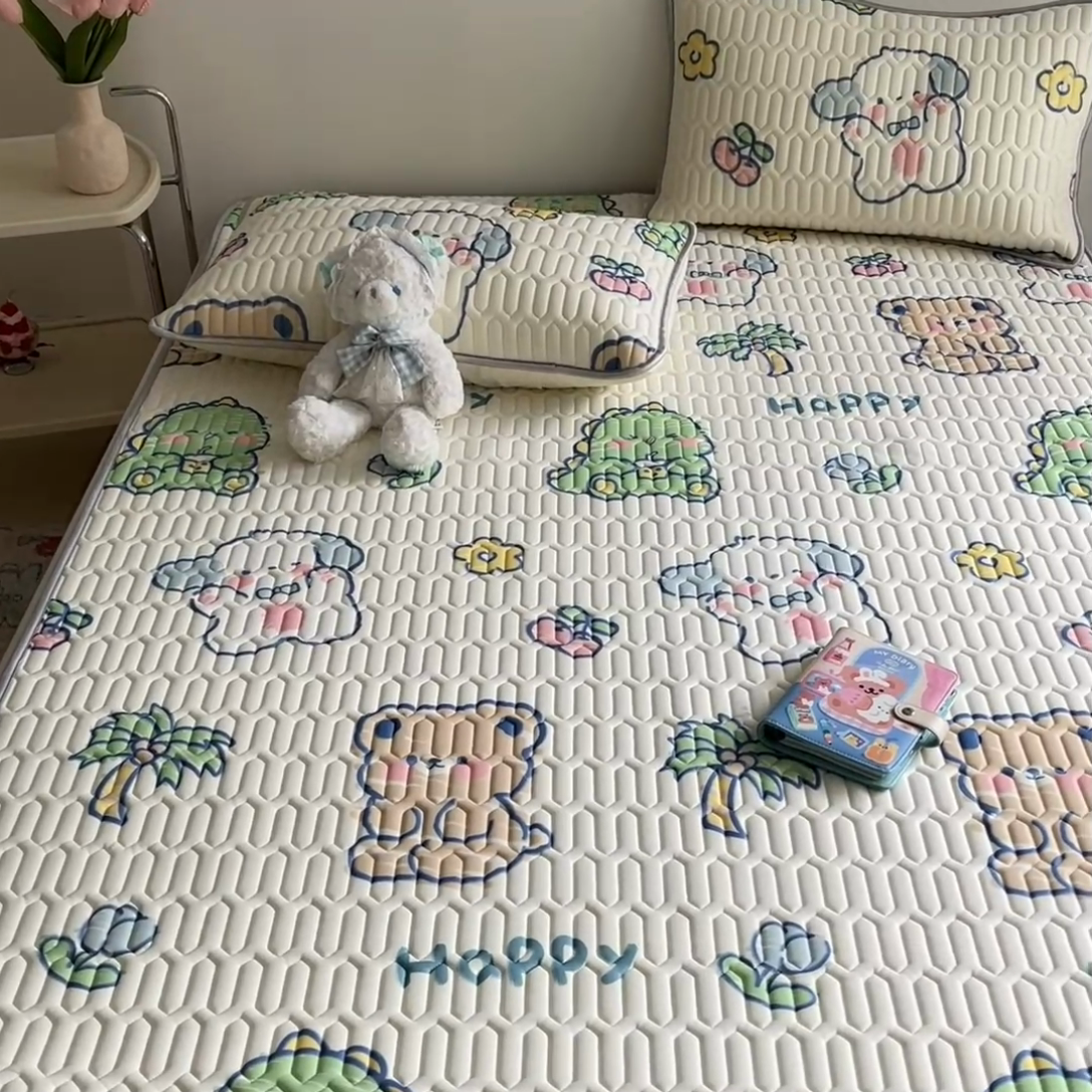 91家纺网 家纺一手货源 找家纺 沐慕 2024新款小清新印花乳胶凉席 动物派对