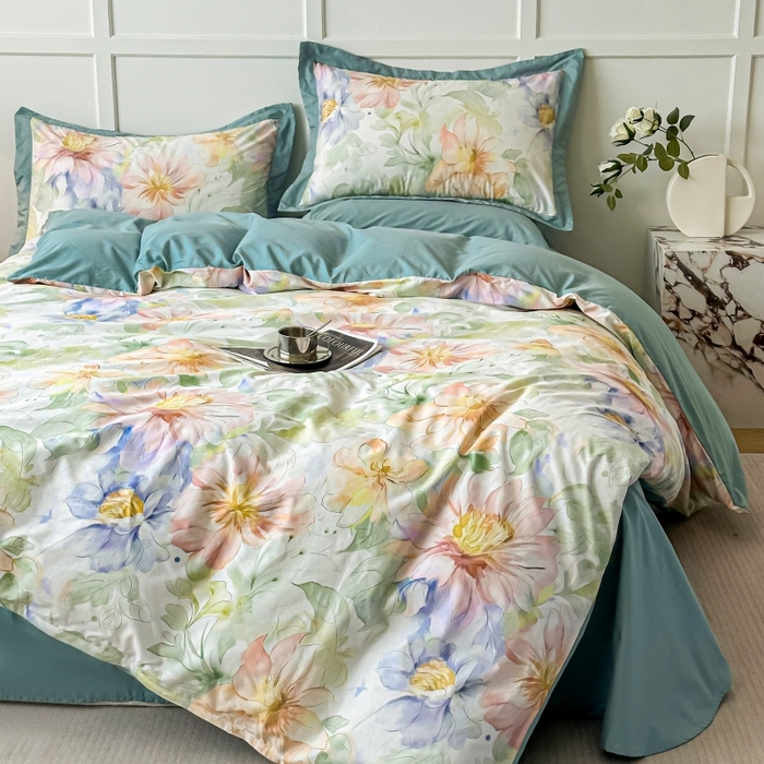 91家纺网 家纺一手货源 找家纺 棉生活 2024新款铂金棉高支数码印花四件套 花的旅程