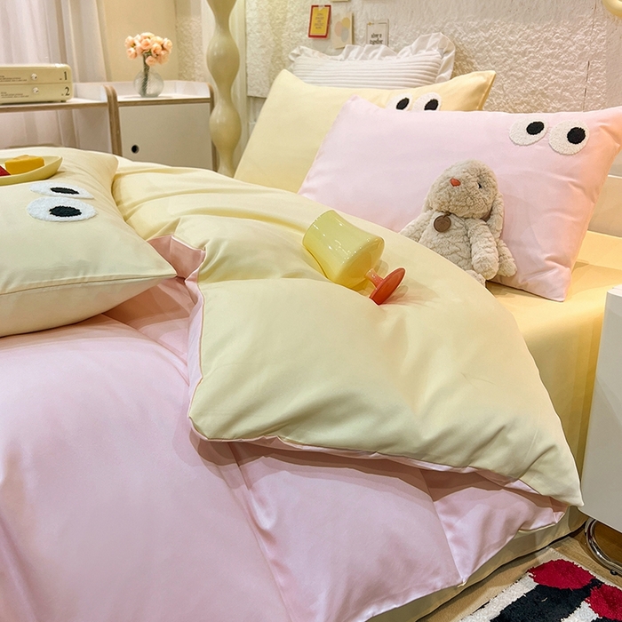 91家纺网 家纺一手货源 找家纺 艾米家居 2025新款水洗真丝大眼睛系列四件套 粉+黄