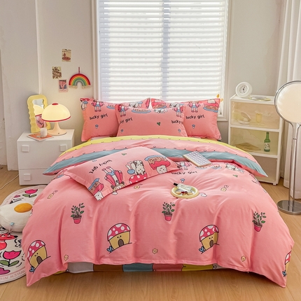 91家纺网 家纺一手货源 找家纺 2024新款13372全棉印花四件套小清新卡通花卉系列ins风小红书学生三件套直播爆款