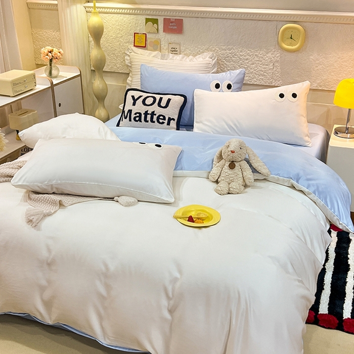 91家纺网 家纺一手货源 找家纺 艾米家居 2025新款水洗真丝大眼睛系列四件套 白+ 蓝