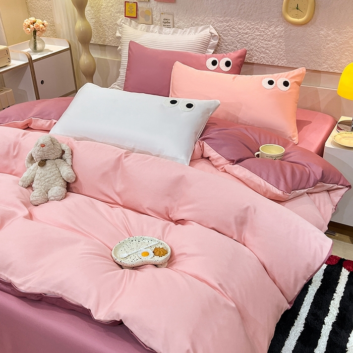 91家纺网 家纺一手货源 找家纺 艾米家居 2025新款水洗真丝大眼睛系列四件套 豆沙+玫红