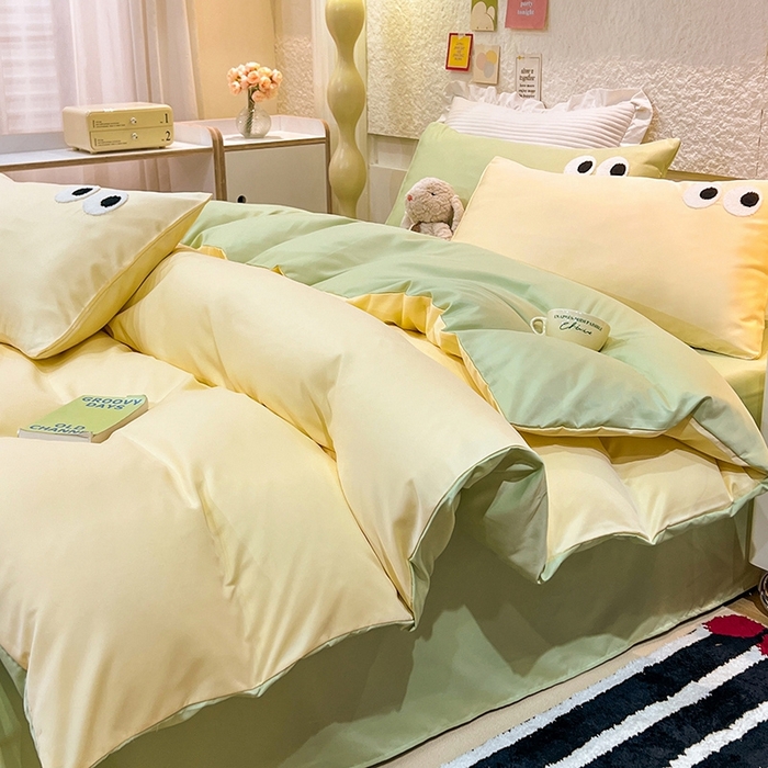 91家纺网 家纺一手货源 找家纺 艾米家居 2025新款水洗真丝大眼睛系列四件套 黄+绿