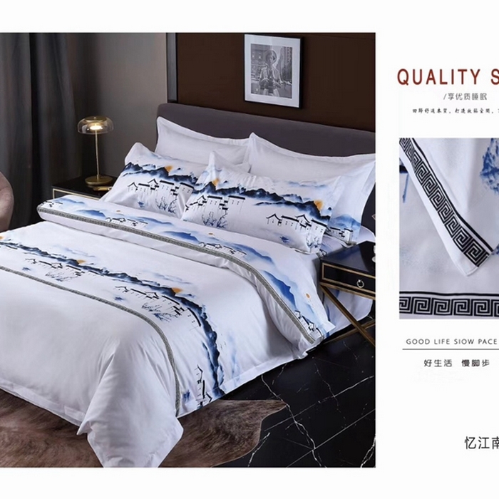 91家纺网 家纺一手货源 找家纺 宜眠家纺 40支60支全棉贡缎印花四件套纯棉四件套酒店四件套 忆江南