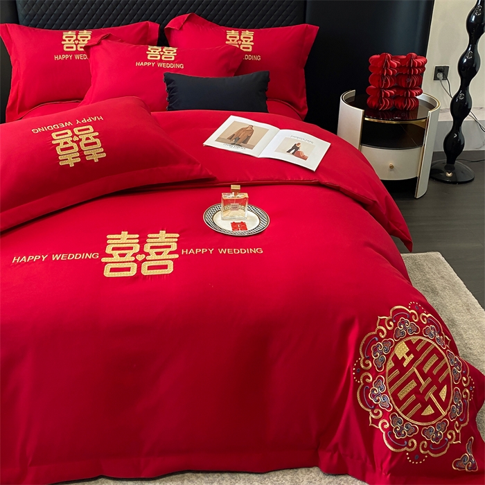 91家纺网 家纺一手货源 找家纺 宅家居 2024新款磨毛亲肤棉婚庆刺绣花四件套 喜上加喜