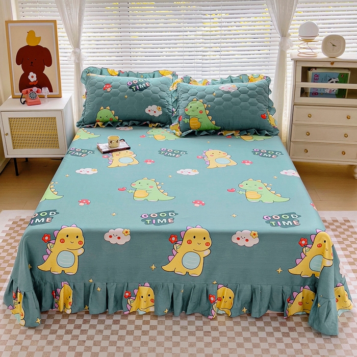 91家纺网 家纺一手货源 找家纺 情煊家纺 2024新款全棉斜纹花边床单系列-印花款 恐龙日记