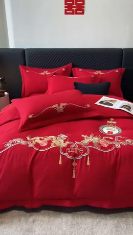 91家纺网 家纺一手货源 找家纺 宅家居 2024新款磨毛亲肤棉婚庆刺绣花四件套 龙凤呈祥
