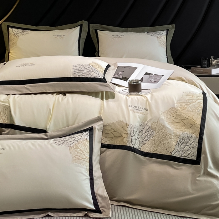 91家纺网 家纺一手货源 找家纺 绒世界 绒世界 2025新款全棉60S刺绣床单床笠高档四件套 浅栗咖