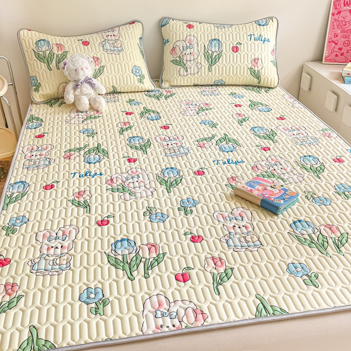 91家纺网 家纺一手货源 找家纺 沐慕 2024新款小清新印花乳胶凉席 郁金香小兔