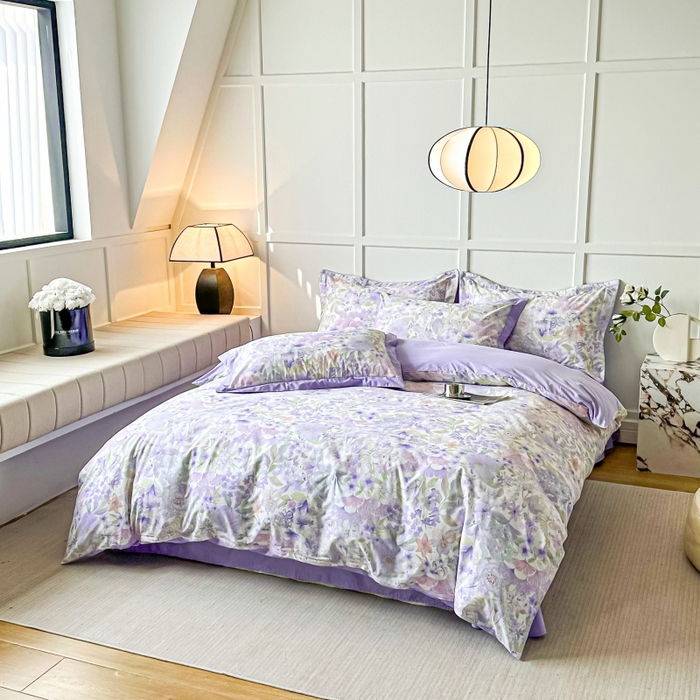 91家纺网 家纺一手货源 找家纺 棉生活 2024新款铂金棉高支数码印花四件套 盛夏光景　紫