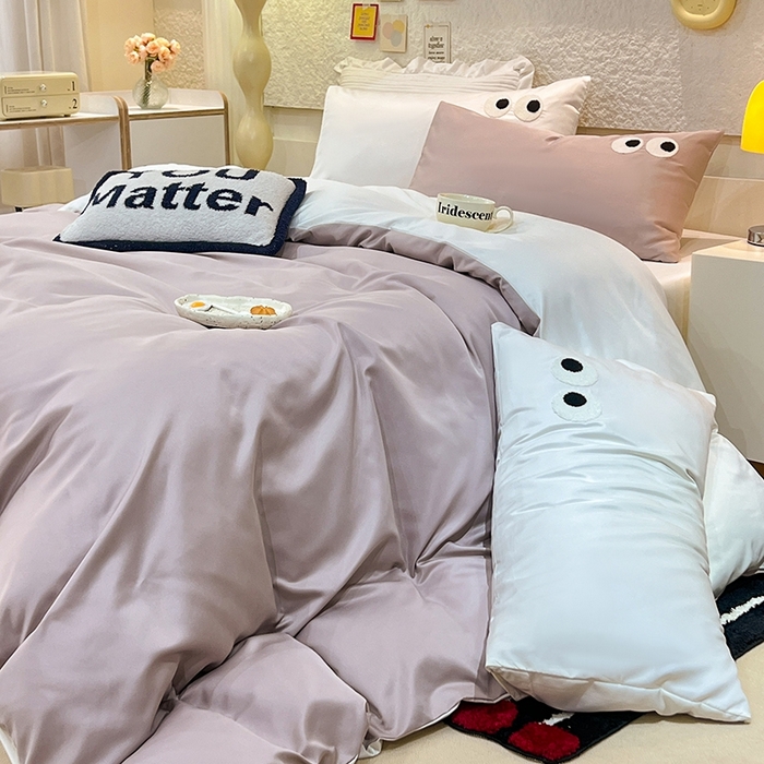 91家纺网 家纺一手货源 找家纺 艾米家居 2025新款水洗真丝大眼睛系列四件套 香槟+白