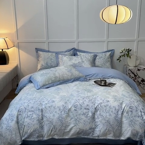 91家纺网 家纺一手货源 找家纺 棉生活 2024新款铂金棉高支数码印花四件套 浅夏木语