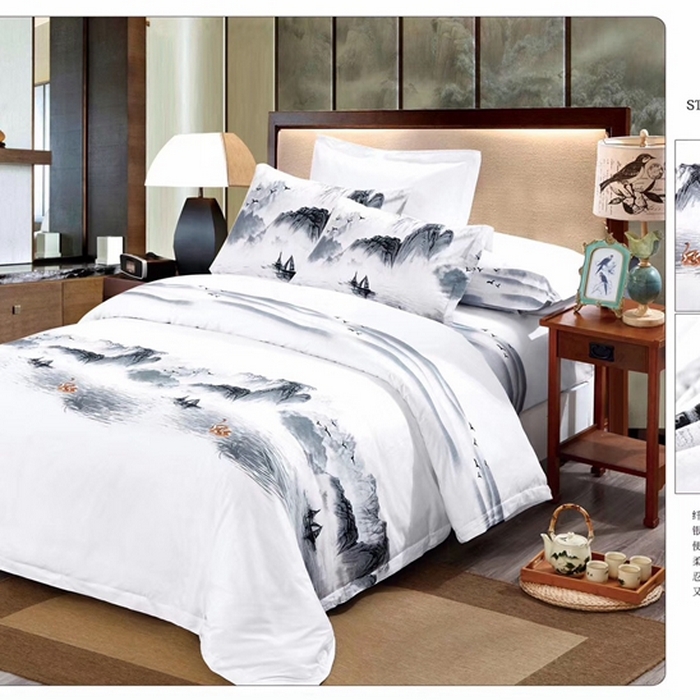 91家纺网 家纺一手货源 找家纺 宜眠家纺 40支60支全棉贡缎印花四件套纯棉四件套酒店四件套 诗情画意