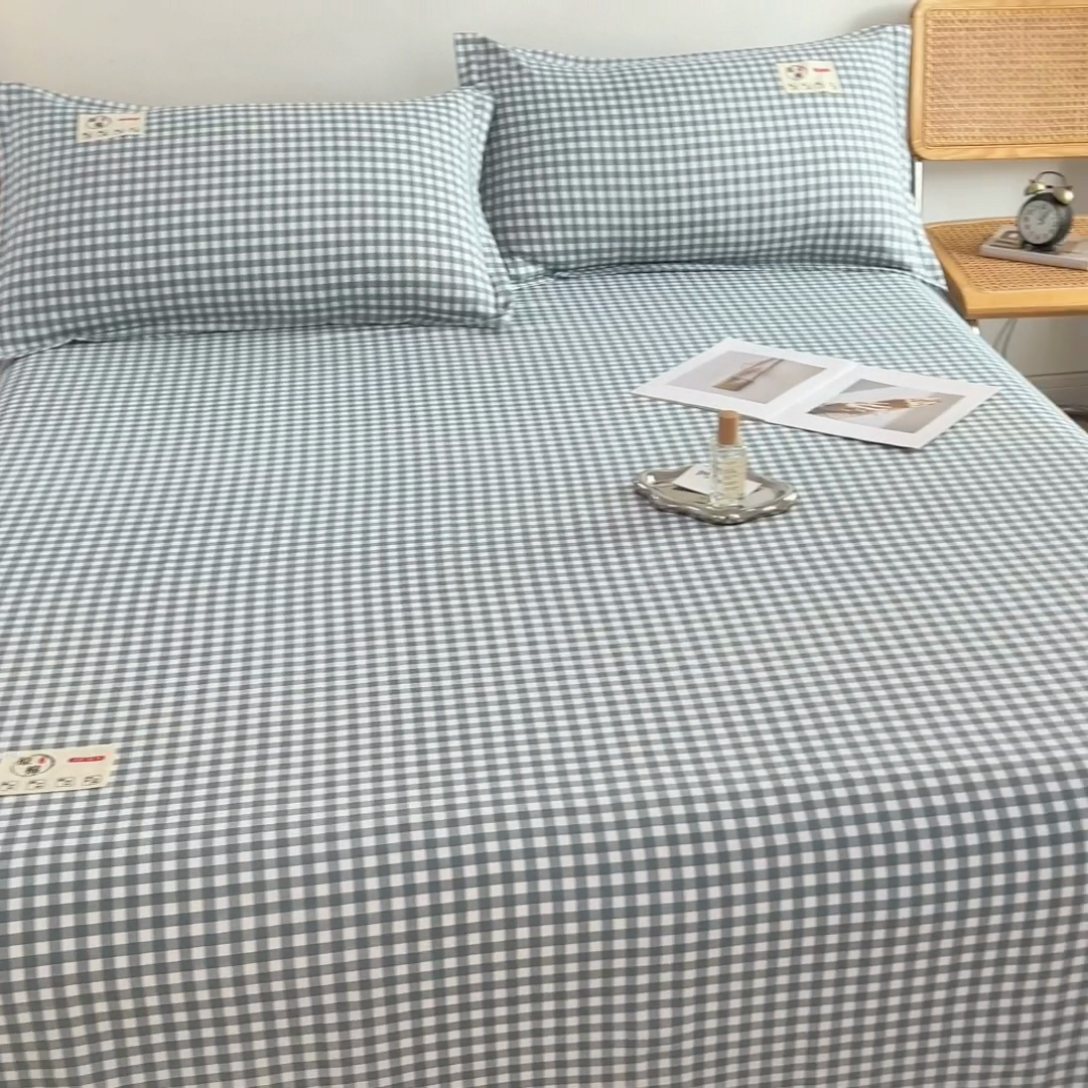 91家纺网 家纺一手货源 找家纺 梦舒羽 2025新款水洗棉麻单层床单 小格-蓝