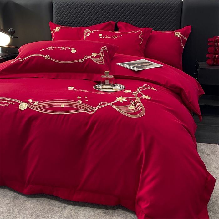 91家纺网 家纺一手货源 找家纺 宅家居 2024新款磨毛亲肤棉婚庆刺绣花四件套 锦上添花