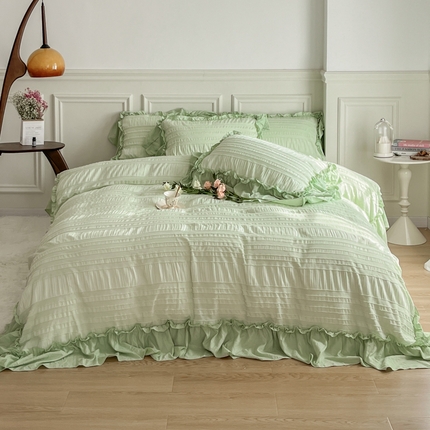 91家纺网 家纺一手货源 找家纺 顾里家纺 2024新款韩系大花边泡泡纱套件 薄荷绿