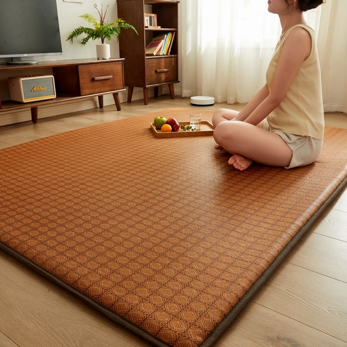 91家纺网 家纺一手货源 找家纺 祁恋婷家居 2024新款日式榻榻米冰藤午睡垫-小床 九方格-咖色