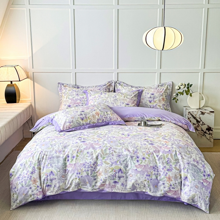 91家纺网 家纺一手货源 找家纺 棉生活 2024新款铂金棉高支数码印花四件套 盛夏光景　紫