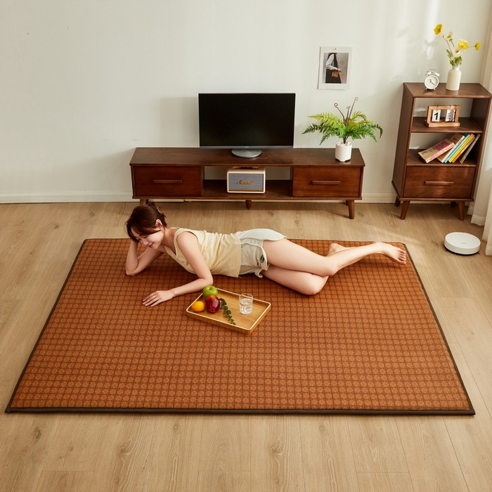 91家纺网 家纺一手货源 找家纺 祁恋婷家居 2024新款日式榻榻米冰藤午睡垫-大床 九方格-咖色