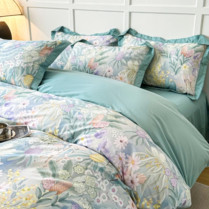 91家纺网 家纺一手货源 找家纺 棉生活 2024新款铂金棉高支数码印花四件套 林溪清婉