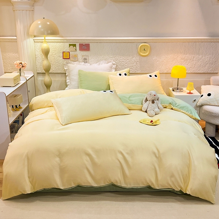 91家纺网 家纺一手货源 找家纺 艾米家居 2025新款水洗真丝大眼睛系列四件套 黄+绿