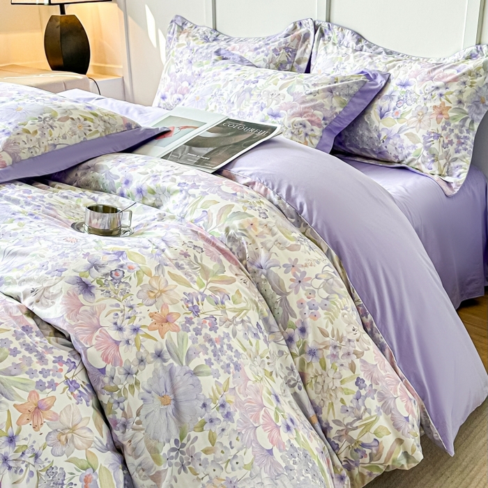 91家纺网 家纺一手货源 找家纺 棉生活 2024新款铂金棉高支数码印花四件套 盛夏光景　紫