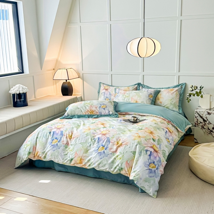 91家纺网 家纺一手货源 找家纺 棉生活 2024新款铂金棉高支数码印花四件套 花的旅程