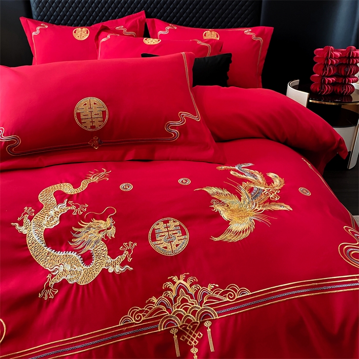 91家纺网 家纺一手货源 找家纺 宅家居 2024新款磨毛亲肤棉婚庆刺绣花四件套 幸福龙凤