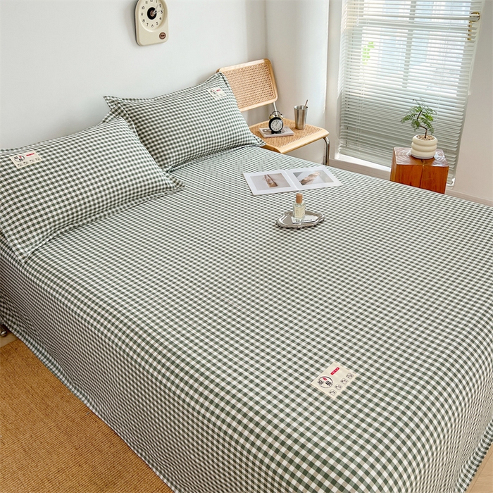 91家纺网 家纺一手货源 找家纺 梦舒羽 2025新款水洗棉麻单层床单 小格-绿
