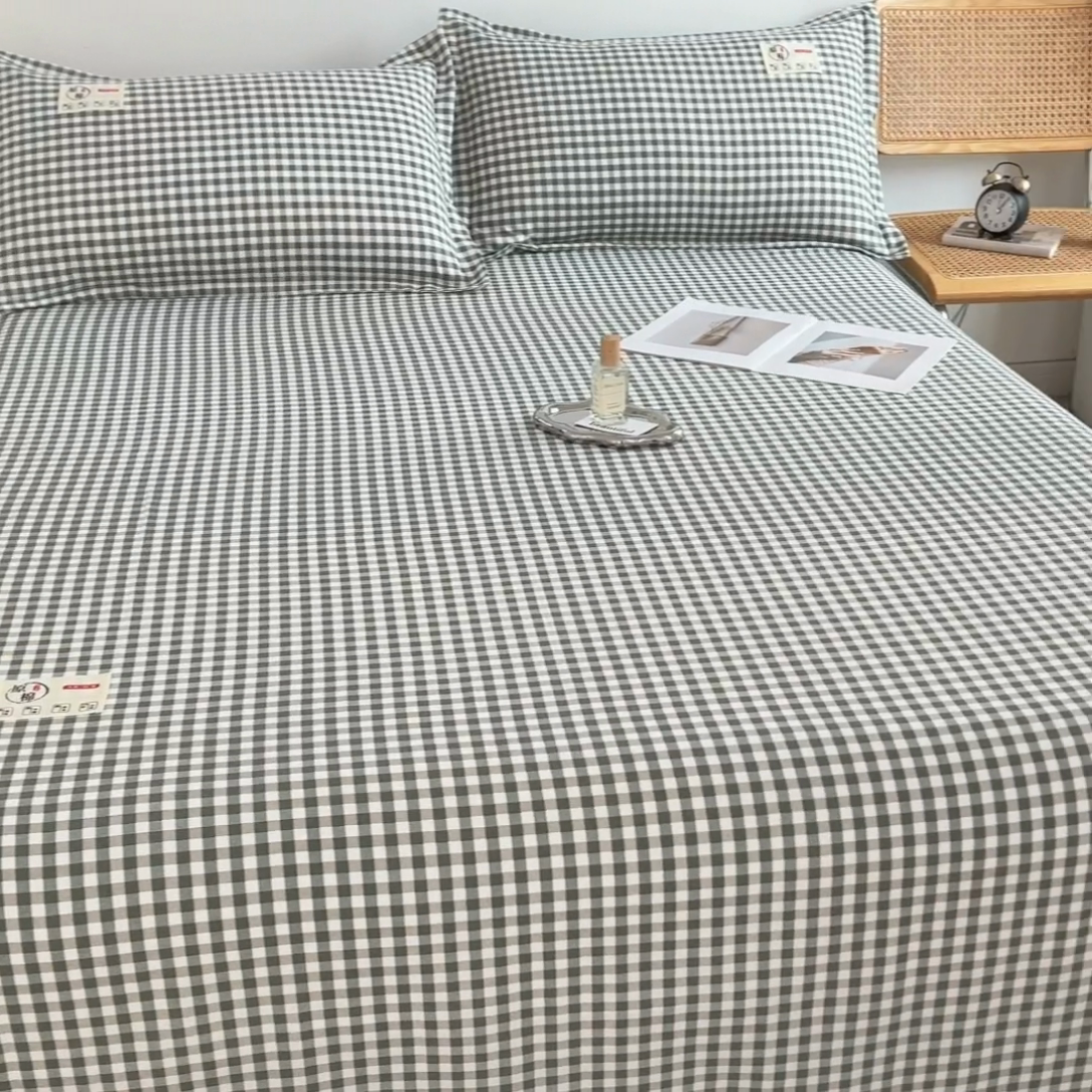 91家纺网 家纺一手货源 找家纺 梦舒羽 2025新款水洗棉麻单层床单 小格-绿