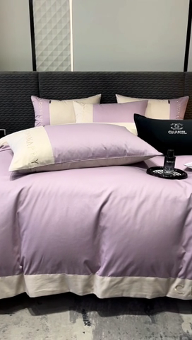 91家纺网 家纺一手货源 找家纺 凯磊 2024新款简约家居.刺绣纯色拼色四件套--伊可系列（拍法一） 芋紫+天空灰