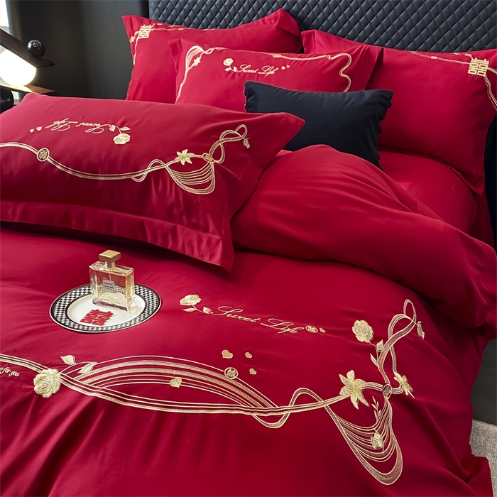 91家纺网 家纺一手货源 找家纺 宅家居 2024新款磨毛亲肤棉婚庆刺绣花四件套 锦上添花