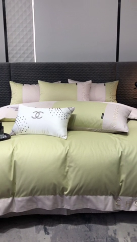 91家纺网 家纺一手货源 找家纺 凯磊 2024新款简约家居.刺绣纯色拼色四件套--伊可系列（拍法一） 韵绿+浅灰