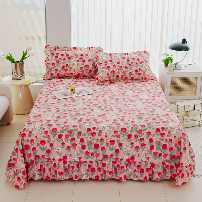 91家纺网 家纺一手货源 找家纺 情煊家纺 2024新款全棉斜纹花边床单系列-印花款 花间白兔