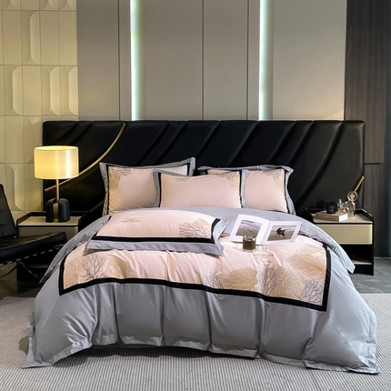 91家纺网 家纺一手货源 找家纺 丝印良品 2024新款全棉60S刺绣床单床笠高档四件套 奥丁灰