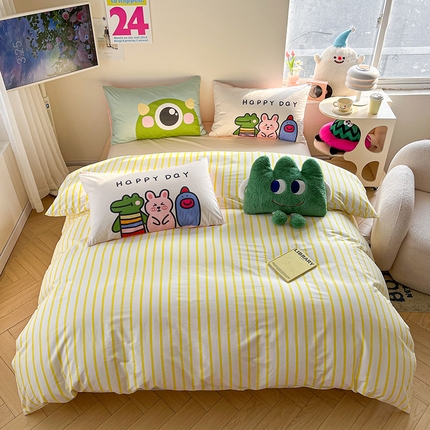 91家纺网 家纺一手货源 找家纺 2024新款大版枕套数码印花全棉四件套 蓝竖条